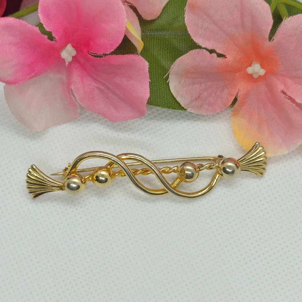 Vintage Gold Tone Swirl & Ball Bar Designer Brooch or Pin